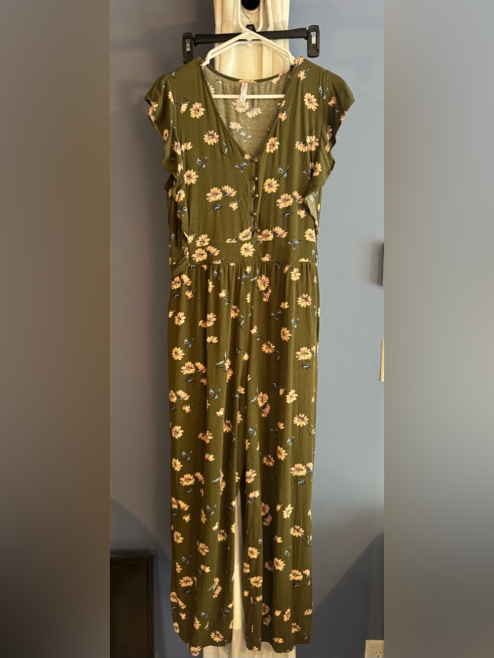 Women’s Olive Floral V-Neck Jumpsuit
